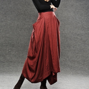 Linen skirt, Red Linen Maxi Skirt, Long Length with Asymmetrical Hemline, Ruched Detail and Deep Side Pocket Fall Autumn/Winter Fashion C050