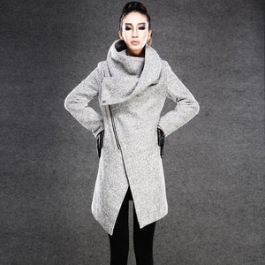 Asymmetrical Wool Coat, winter coat women, Gray Wool Boucle Coat with Front Zipper and Large Cowl Neck Collar, Autumn Winter Outerwear C134 image 2