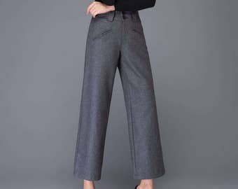 Grey Wool Wide Leg Palazzo Pants, Chic Winter Trousers, Custom, Ylistyle C1002