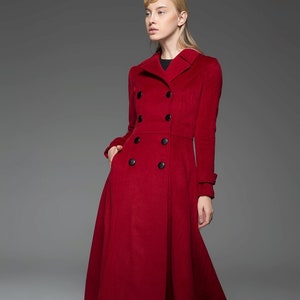 Classic Red Coat Wool Long Full Length Fitted Slim Tailored Double-Breasted Woman's Coat with Black Buttons & Double Lapels C741 image 1