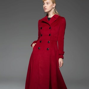 Classic Red Coat - Wool Long Full Length Fitted Slim Tailored Double-Breasted Woman's Coat with Black Buttons & Double Lapels C741