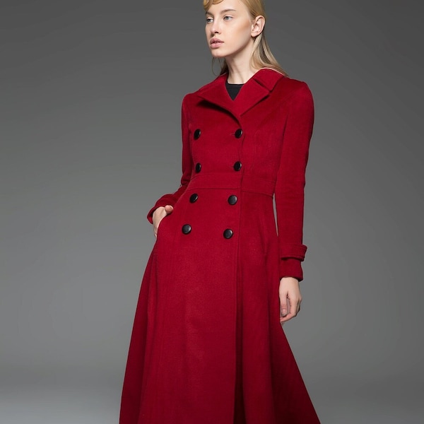 Klassischer roter Mantel - Wolle lang lang tailliert Slim Maßgeschneiderte Doppelbrust Damenmantel mit schwarzen Knöpfen & Doppel-Lapels C741