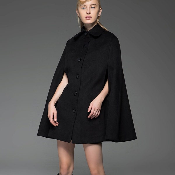 Wool cape coat, Black wool cape, Winter cape coat, black wool poncho, wool cape for women, wool poncho cape, Custom coat, Ylistyle C744