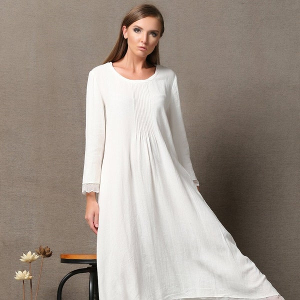 White Dress women - Lagenlook Layered Linen & Chiffon Relaxed-Fit Long-Sleeved Asymmetrical Summer Dress C560