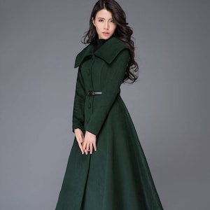 British Style Long Wool Coat in Green, Warm Coat Women, Vintage Winter Coat,  Fit and Flare Solid Coat, Maxi Soft Wool Coat With Belt 2842 