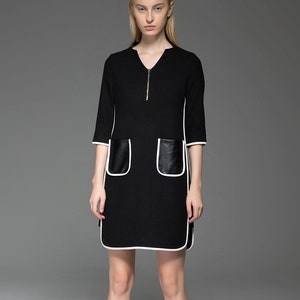 Wool dress, Winter wool dress, Black Wool Mini Dress with Cream Piping and Leather Pockets 60s Era Vintage Style Womens Dress C778