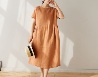 Leinen Kleid, Leinen Midi Kleid, Damen Leinen Kleid, Kurzarm Kleid, Sommer Kleid, Handgefertigtes Kleid, Langes Leinen Kleid, Maßgeschneidertes Kleid C3163