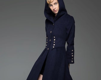 Buy Navy Military Style Coat Long Modern Dark Blue Hooded Winter