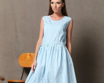 Linen Dress, Blue dress, Plus size dress, Casual dress, Powder Blue Sleeveless Pintuck Midi Length Summer Dress with Drawstring Waist C549