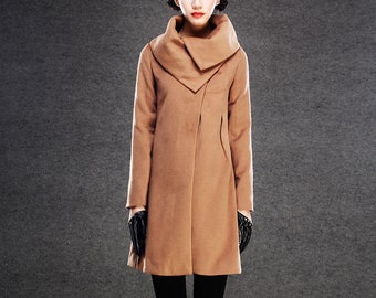 Brown Winter Coat -  Wool Blend Womens Autumn Winter Midi Swing Coat with Chunky Large Cowl Collar & Side Pockets, Custom coat C142