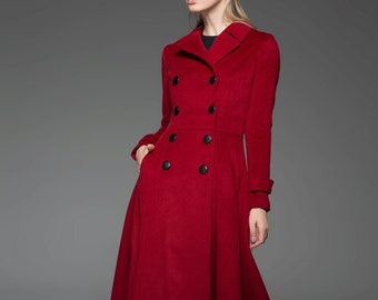 Classic Red Coat - Wool Long Full Length Fitted Slim Tailored Double-Breasted Woman's Coat with Black Buttons & Double Lapels C741