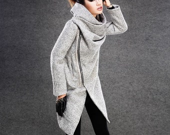 Wool Coat, winter coat, winter coat women, gray coat, womens coat, Asymmetrical coat, woman coat, wool coat women, Cowl Neck coat C134