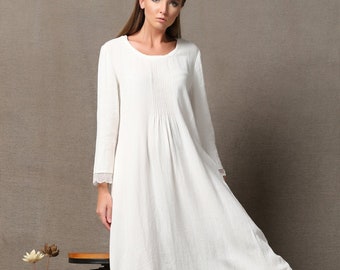 White Dress women - Lagenlook Layered Linen & Chiffon Relaxed-Fit Long-Sleeved Asymmetrical Summer Dress C560