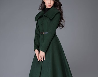 Abrigo de lana princesa verde, abrigo de lana mujer, chaqueta larga para invierno, abrigo de lana de invierno, abrigo maxi de lana con cinturón, abrigo hecho a mano C998