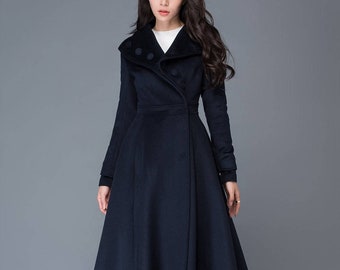 Midi wool coat, wool coat, womens winter coats, dress coat, navy blue coat, flare coat, warm coat, swing coat, made to order C1021