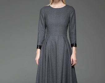 Wool Dress, Womens Long wool dress, Classic Long Fitted Tailored Warm Winter Dress with Long Sleeves Round Neck & Black Leather Cuffs C780