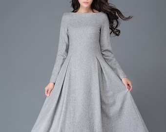 Wool dress, gray Midi wool dress, Long wool dress, Autumn winter wool dress, wool dress women, A Line custom wool dress, Ylistyle C1026