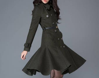 Wool coat women, Double breasted wool coat, winter coat women, Military Coat, Green wool coat with pockets, handmade wool coat C1028