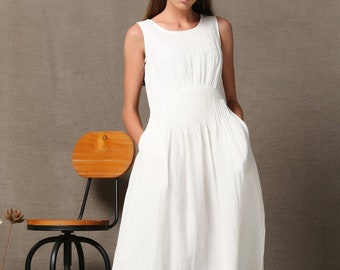 White Linen Dress, Long Linen dress, Sleeveless Linen Tank Summer Maxi dress with Pintuck Waist & Side Pockets, Casual Linen dress C538