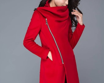 Red Wool Coat, Asymmetrical wool coat, Cowl neck Wool jacket, winter coat, bike jacket, women wool coat, Wool jacket with pockets C1025