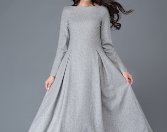 Wool dress, gray Midi wool dress, Long wool dress, Autumn winter wool dress, wool dress women, A Line custom wool dress, Ylistyle C1026