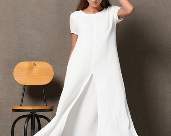 Short sleeve White maxi linen dress for women,  summer cotton linen solid casual side slit ankle dress with pockets plus size C534