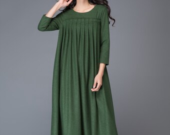 Green dress, Wool dress, winter dress, maxi dress, womens dress, pleated dress, green wool dress, maxi wool dress, womens wool dress C1013