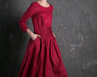 Linen dress, Red Linen Maxi Dress, Casual dress, Raspberry Fit & Flare with Pintuck Pleated Waist Summer Fall Fashion Womens Dress C500