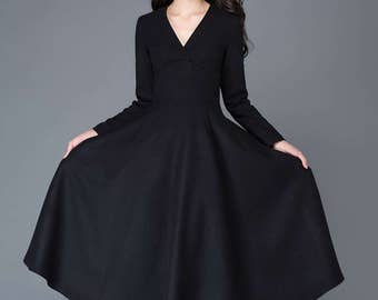 Wool dress, woman dress, winter dress, Vintage dress, womens dresses formal, midi dress, swing dress, Black Cocktail Dress, custom C1027