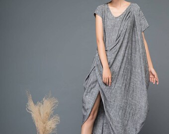Asymmetrisches Leinenkleid, Sommer Leinen Maxikleid, Plus Size Kleid, Damenkleid, Maßkleid, Hauskleid C1147