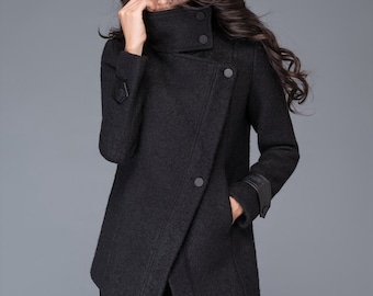 Asymmetrical Wool Coat in Black, Winter coat women, Wool coat, High collar wool coat, Plus size coat, Womens Autumn winter outfit C987