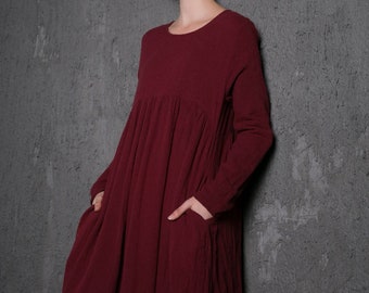Plus Size Organic Linen Long Maternity Dress, Pleated Loose Dress with Pockets, Causal Maxi Dress Women, Long-Sleeved Dress Clothing C496
