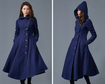 Manteau en laine à capuche pour femme, Manteau d'hiver en laine bleu, Long manteau en laine asymétrique, Manteau ajusté et évasé, Manteau évasé, Manteau fait main, Manteau habillé C1618