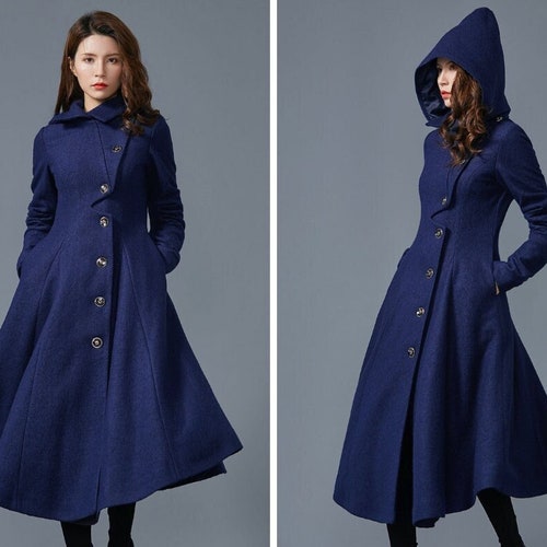 Hooded Wool Coat Women Blue Wool Winter Coat Asymmetric Long - Etsy