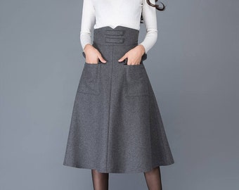 High waisted Wool skirt In gray, Midi skirt, winter skirts, designer skirt, warm skirt, pocket skirt, womens skirts, custom skirt C1035