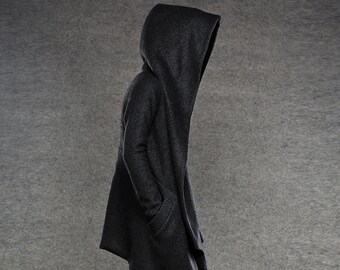 hooded coat, Pea Coat, winter coat asymmetric hooded, coat, jacket, black winter coat, hooded winter coat, womens pea coat, wool coat (C038)