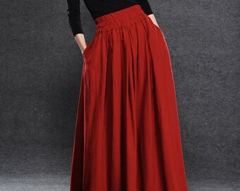 Red linen skirt, maxi skirt with pockets, high waisted skirt with wide waist band, full skirt, spring skirt, ladies skirt C054