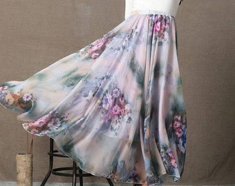 Floral chiffon skirt, maxi skirt, summer skirt, elastic waist skirt, swing skirt, plus size skirt, printed skirt, womens skirt C567