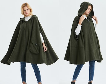 Green Winter Wool Cloak with Hood Women, Long Hooded Wool Cape Coat, Wool Poncho, Oversized Cape Coat, Plus Size Swing Cape Ylistyle C1331