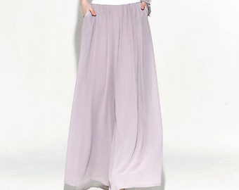 Pantalon jupe, Pantalon taille haute, Pantalon Maxi à jambes larges femme, Pantalon Palazzo en mousseline de soie, Culottes longues Tenue de mariage de mère de la mariée C114