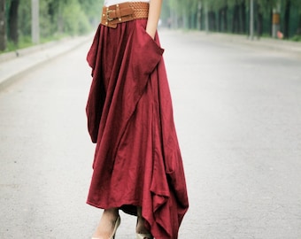 Linen skirt, Long Linen skirt, Asymmetrical Linen skirt, Linen maxi Skirt, Feminine Unique Design Draped Fabric Casual Linen Skirt C154