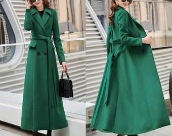 Emerald Green Wool Coat, Long Wool Coat, Double-breasted Wool Coat, Winter Coat Women, Belted Trench Coat, A-Line wool coat, Ylistyle C1765