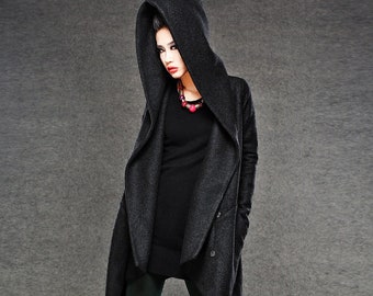 Black Winter Pea Coat - Wrap Around Short Hooded Womens Coat with Asymmetrical Hem C038