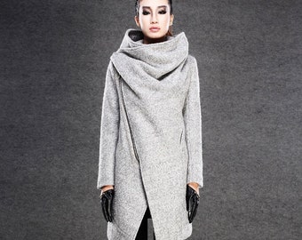 Manteau asymétrique en laine, manteau d'hiver pour femme, manteau gris en laine bouclée avec fermeture à glissière sur le devant et grand col bénitier, vêtements d'extérieur automne hiver C134