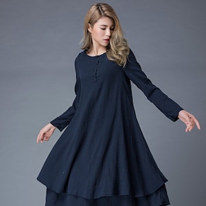 Navy Linen Dress, Summer Blue Linen Midi Dress, Long-Sleeved Loose-Fitting Spring Linen dress With Layered Hemline, Plus size dress C846