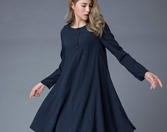 Navy Linen Dress, Summer Blue Linen Midi Dress, Long-Sleeved Loose-Fitting Spring Linen dress With Layered Hemline, Plus size dress C846