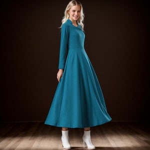 Long Wool Dress, Womens Long sleeve winter wool dress, Blue dress, A Line dress, Maxi Dress, Formal Dress, Autumn winter dress C1735