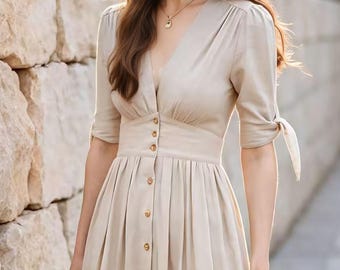 Beige Linen Dress Women, V Neck Button Front Midi Dress, Vintage Cottagecore Dress, Summer A Line Sundress, Short Sleeve Casual Dress C5584