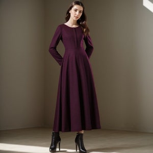 Women Vintage inspired purple Wool Dress, New Wool Maxi Dress, Long Sleeve dress, Fit and flared dress, Minimalist wool dress C2400