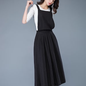 Black Linen Pinafore Dress - Sleeveless A-Line Apron Midi Dress with Pockets, Linen suspender dress women, Overall dress, Ylistyle C1053